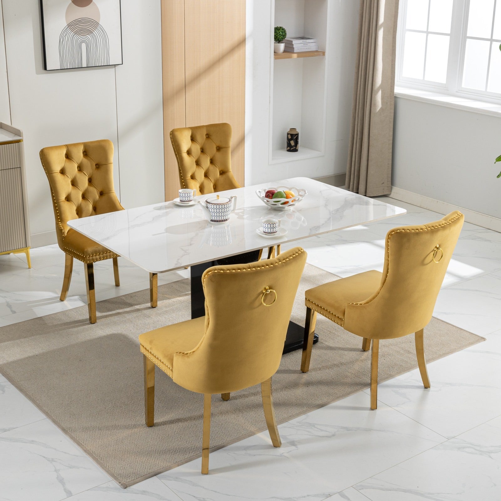 A&A Furniture,Nikki Collection Modern, High-end Tufted Solid Wood Contemporary Velvet Upholstered Dining Chair with Golden Stainless Steel Plating Legs,Nailhead Trim,Set of 2,Gold, SW1601GL - Grand Goldman Shop