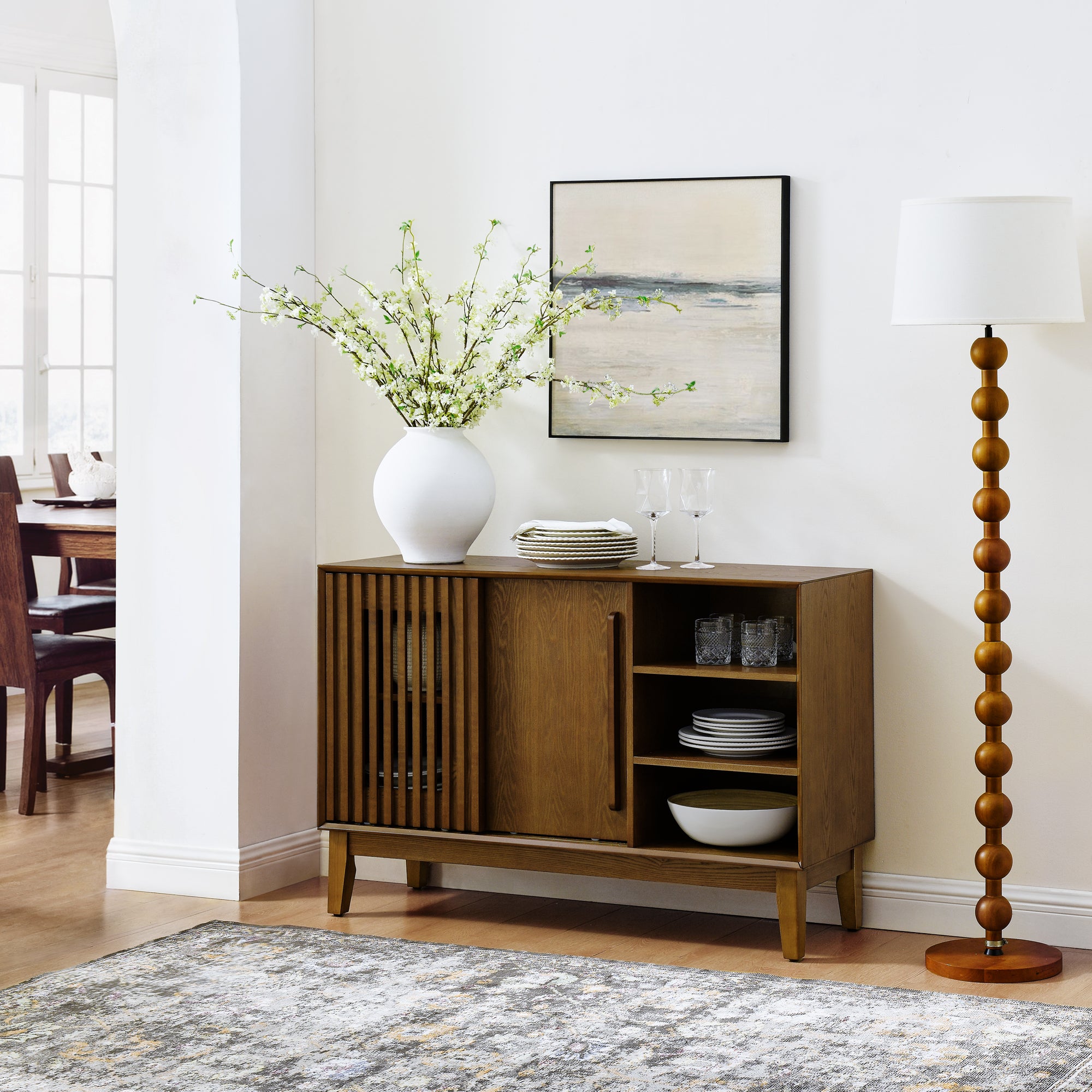 47.3' Sideboard Buffet Cabinet with Storage, Farmhouse Fluted Sideboard with 2 Doors & Solid Wood Feet, TV Media Console, Storage Cabinet for Kitchen Dining Living Room Entryway Hallway, Walnut - Grand Goldman Shop