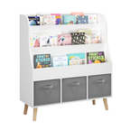Kids Bookshelf with 3 Fabric Storage Bins, White Wooden Book Display Organizer for Toddlers and Children, Front-Facing Book R
