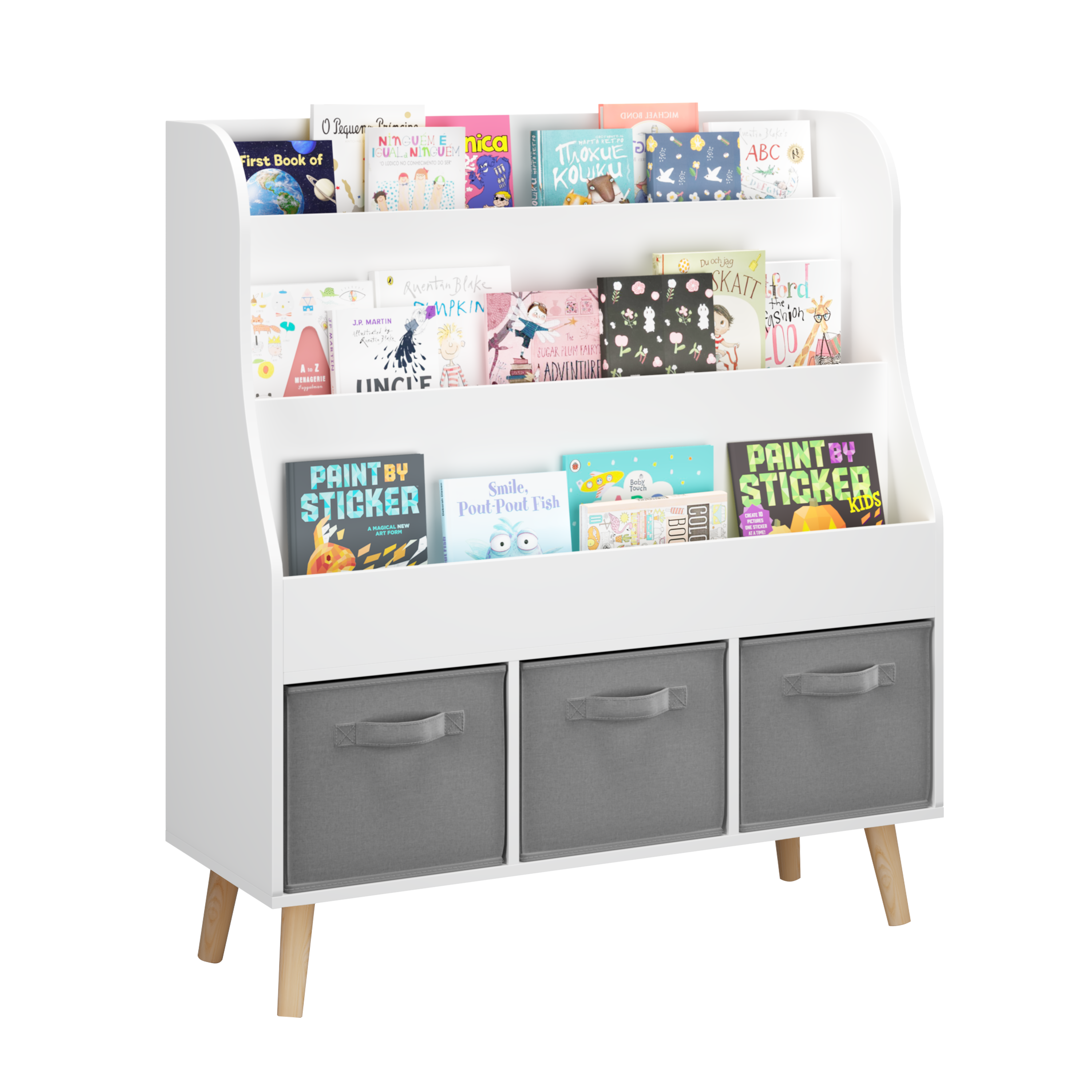 Kids Bookshelf with 3 Fabric Storage Bins, White Wooden Book Display Organizer for Toddlers and Children, Front-Facing Book R