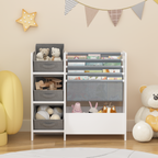 Kids Bookshelf and Toy Storage Organizer, Multifunctional 4-Tier White MDF Bookshelf with 3 Collapsible Fabric Drawers for Nu