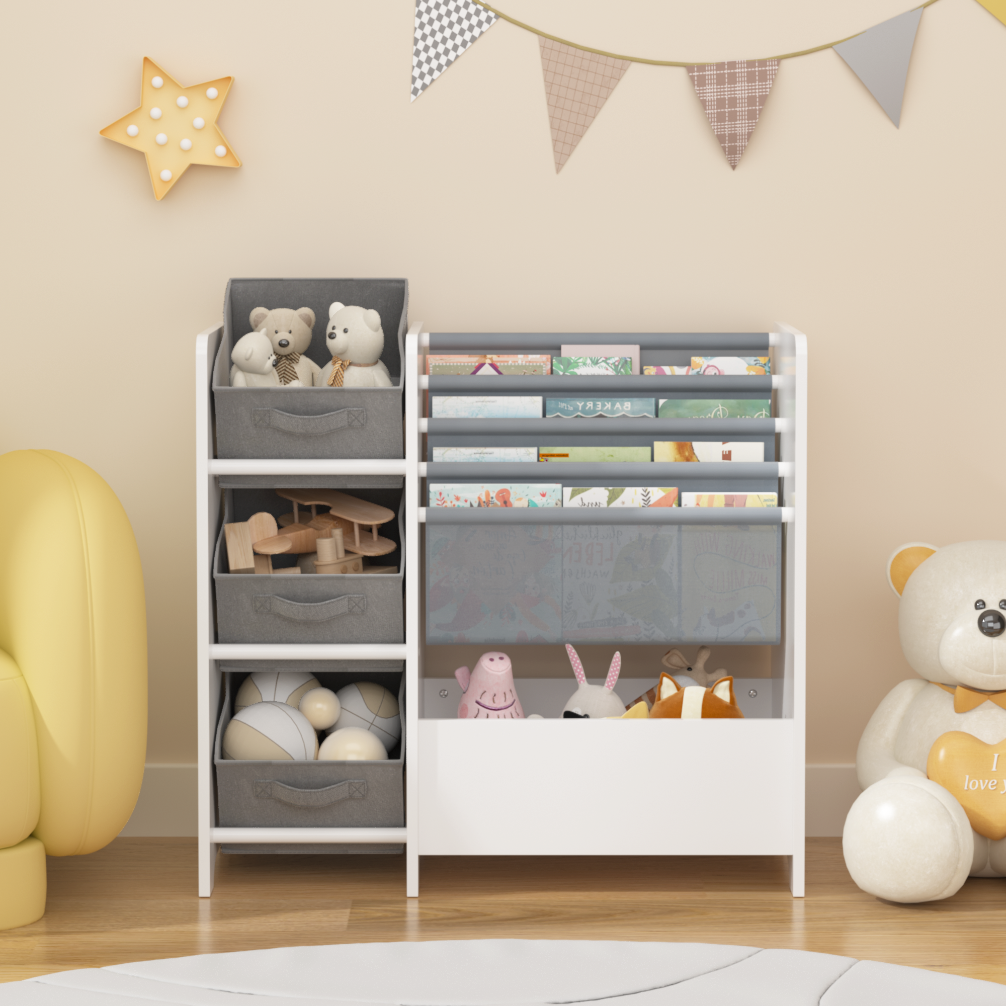 Kids Bookshelf and Toy Storage Organizer, Multifunctional 4-Tier White MDF Bookshelf with 3 Collapsible Fabric Drawers for Nu