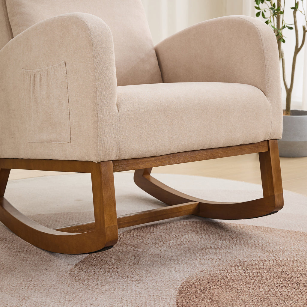 27.2'W Rocking Chair for Nursery, Polyester Glider Chair with High Back and Side Pocket, Rocking Accent Armchair with Rubber Wood Legs for Living Room/Bedroom.Beige - Grand Goldman Shop