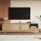 Boho TV Stand for 65 75 85 Inch TV with Real Rattan Doors, Modern Wood Media Console in Natural Finish, 76.6'' L x 15.7'' W x 23.6'' H - Grand Goldman Shop