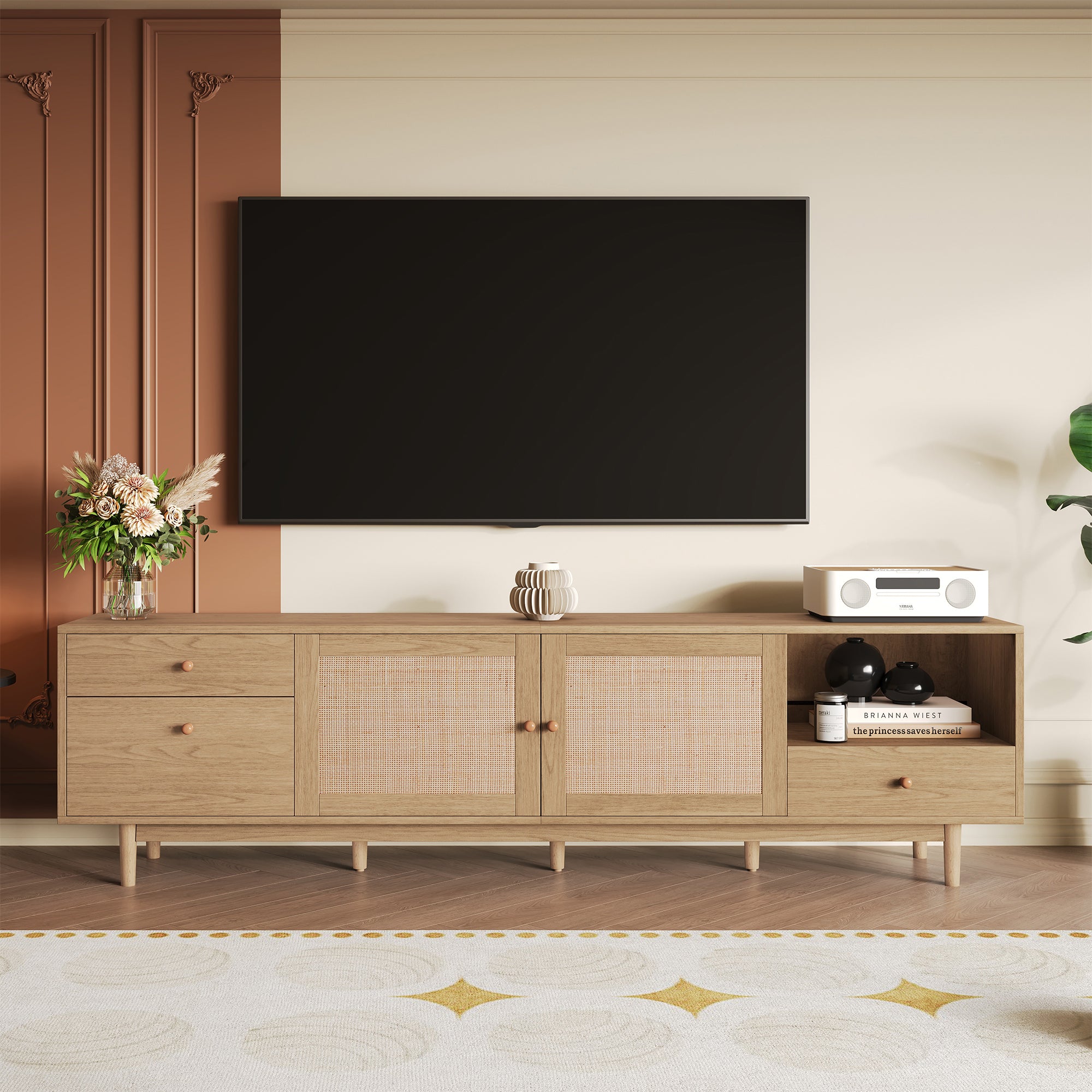 Boho TV Stand for 65 75 85 Inch TV with Real Rattan Doors, Modern Wood Media Console in Natural Finish, 76.6'' L x 15.7'' W x 23.6'' H - Grand Goldman Shop