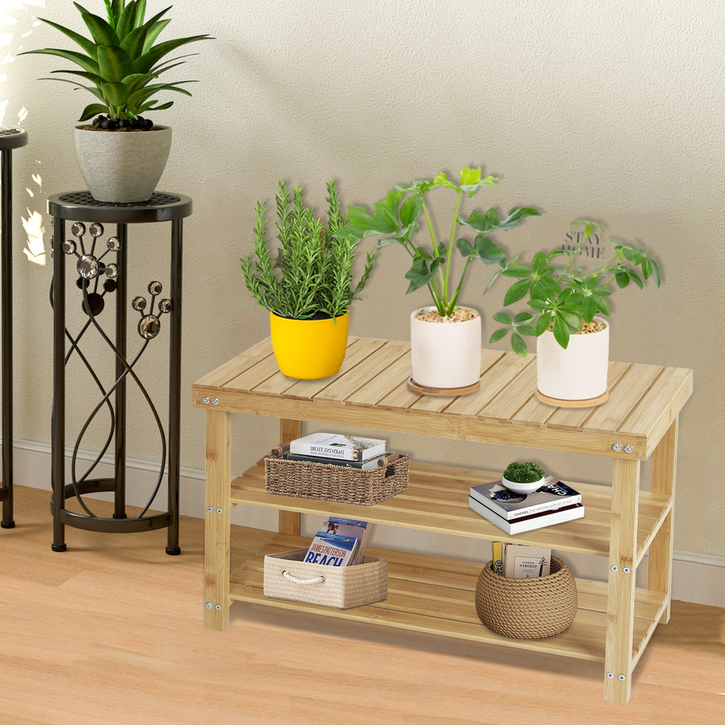 Hofitlead 27.5' Shoe Rack Solid Wood Shoe Bench, 3-Tier Shoe Organizer for Entryway Hallway(Light Brown) - Grand Goldman Shop