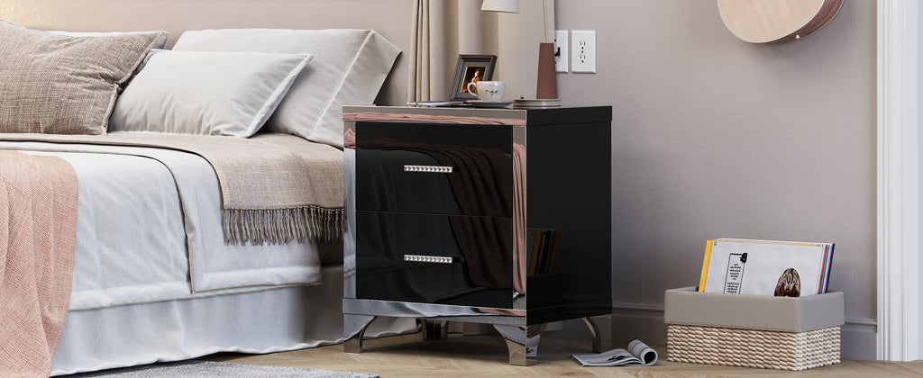 High Gloss Mirrored Nightstand with 2 Drawers,Modern End Table with Drawers,Mirrored High Gloss Wood Nightstand Metal Handle Bedside End Table for Bedroom, Dorm,Living Room,Black - Grand Goldman Shop