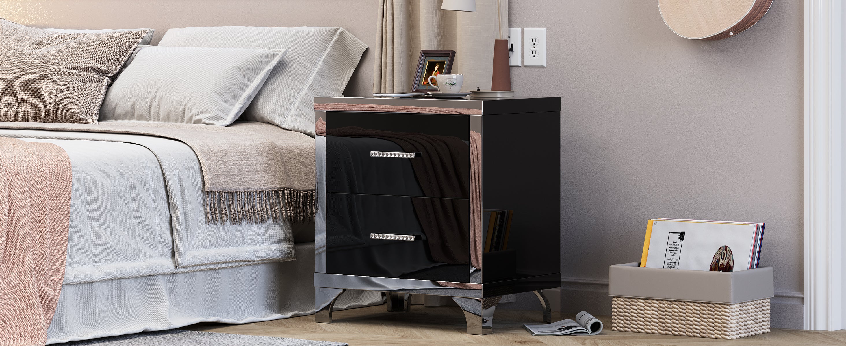 High Gloss Mirrored Nightstand with 2 Drawers,Modern End Table with Drawers,Mirrored High Gloss Wood Nightstand Metal Handle Bedside End Table for Bedroom, Dorm,Living Room,Black - Grand Goldman Shop