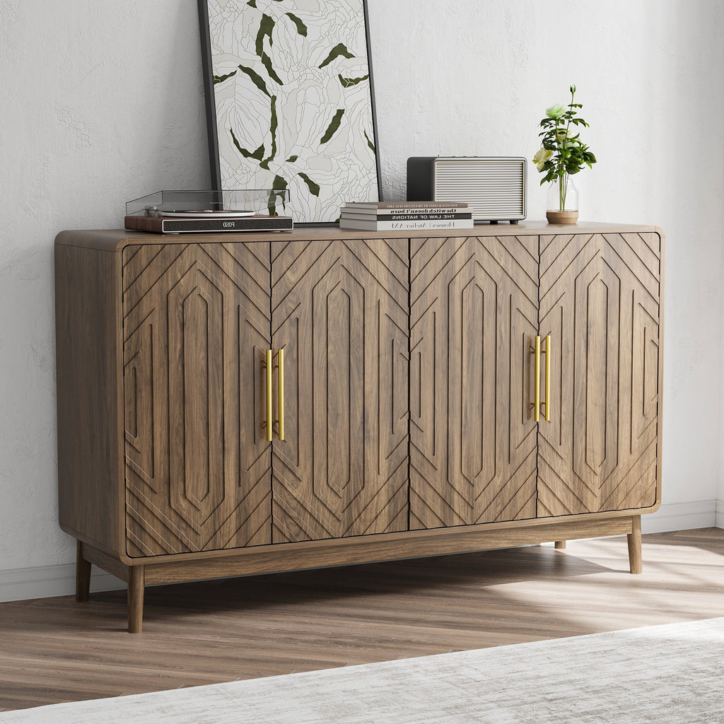 Modern Carved 4-Door Sideboard Buffet Cabinet with Storage, Adjustable Layer Board, Walnut Finish - Grand Goldman Shop