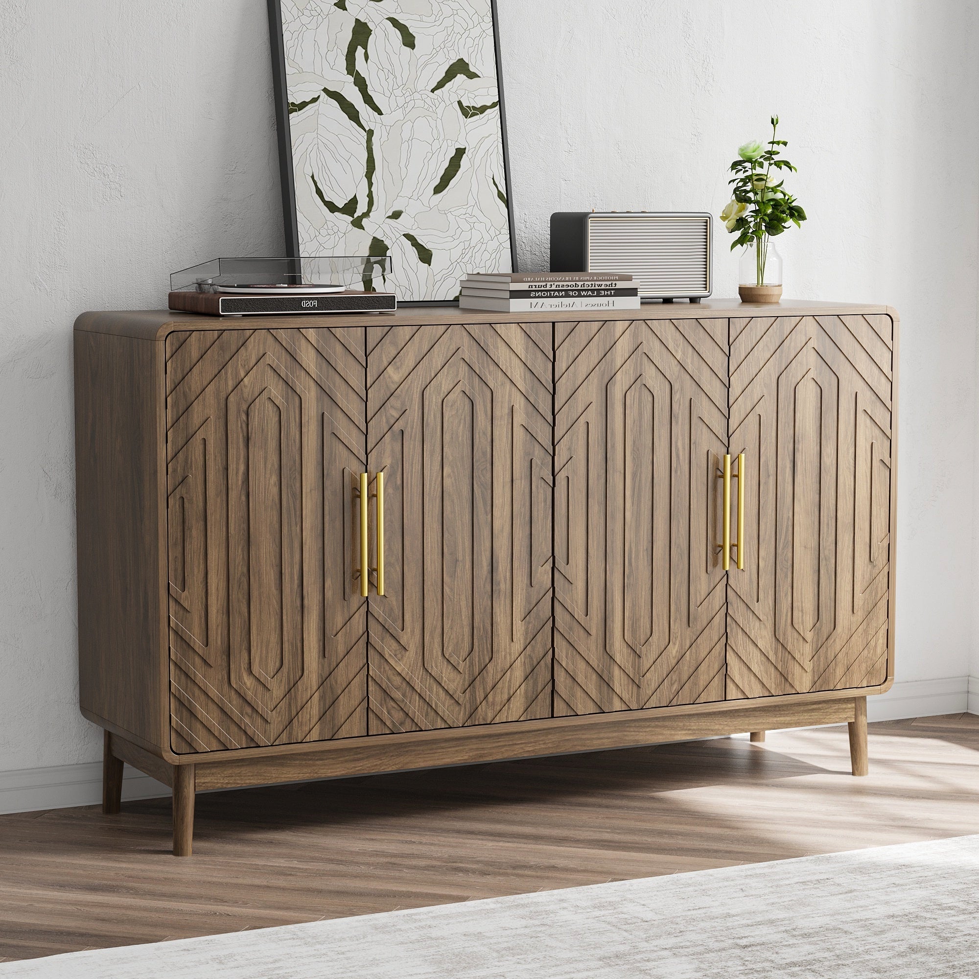 Modern Carved 4-Door Sideboard Buffet Cabinet with Storage, Adjustable Layer Board, Walnut Finish - Grand Goldman Shop