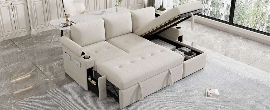 Convertible L-shaped Beige Sofa Couch with Storage, Cup Holders, USB Ports, Chenille Fabric - Grand Goldman Shop