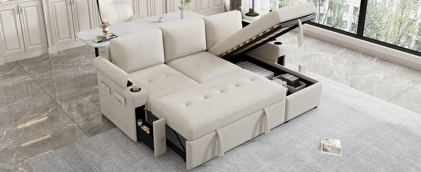 Convertible L-shaped Beige Sofa Couch with Storage, Cup Holders, USB Ports, Chenille Fabric - Grand Goldman Shop