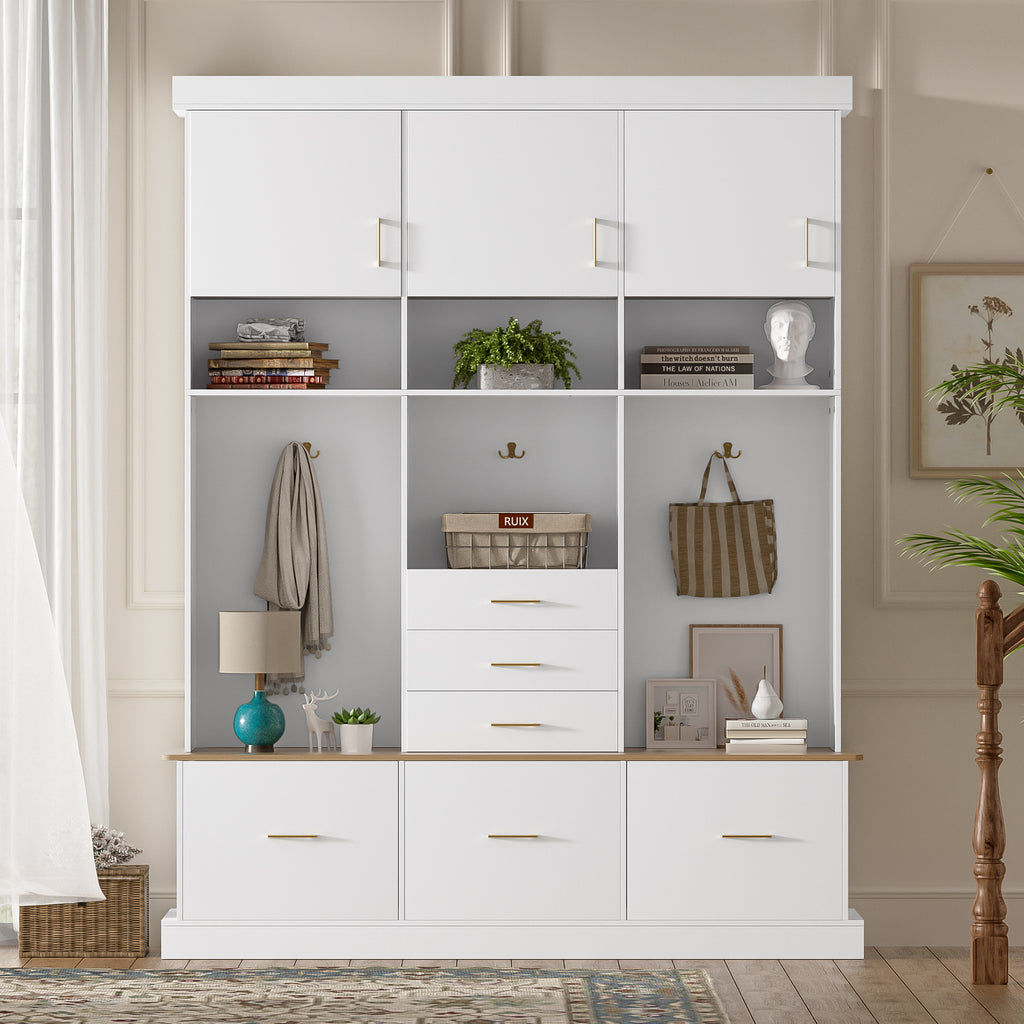 75'' H Entryway Hall Tree with Bench and Storage, 5-in-1 Modern Hall Tree with Coat Rack, 6 Drawers, 3 Cabinets and 3-Tier Top Storage for Hallway, Entryway, Living Room, Mudroom - Grand Goldman Shop