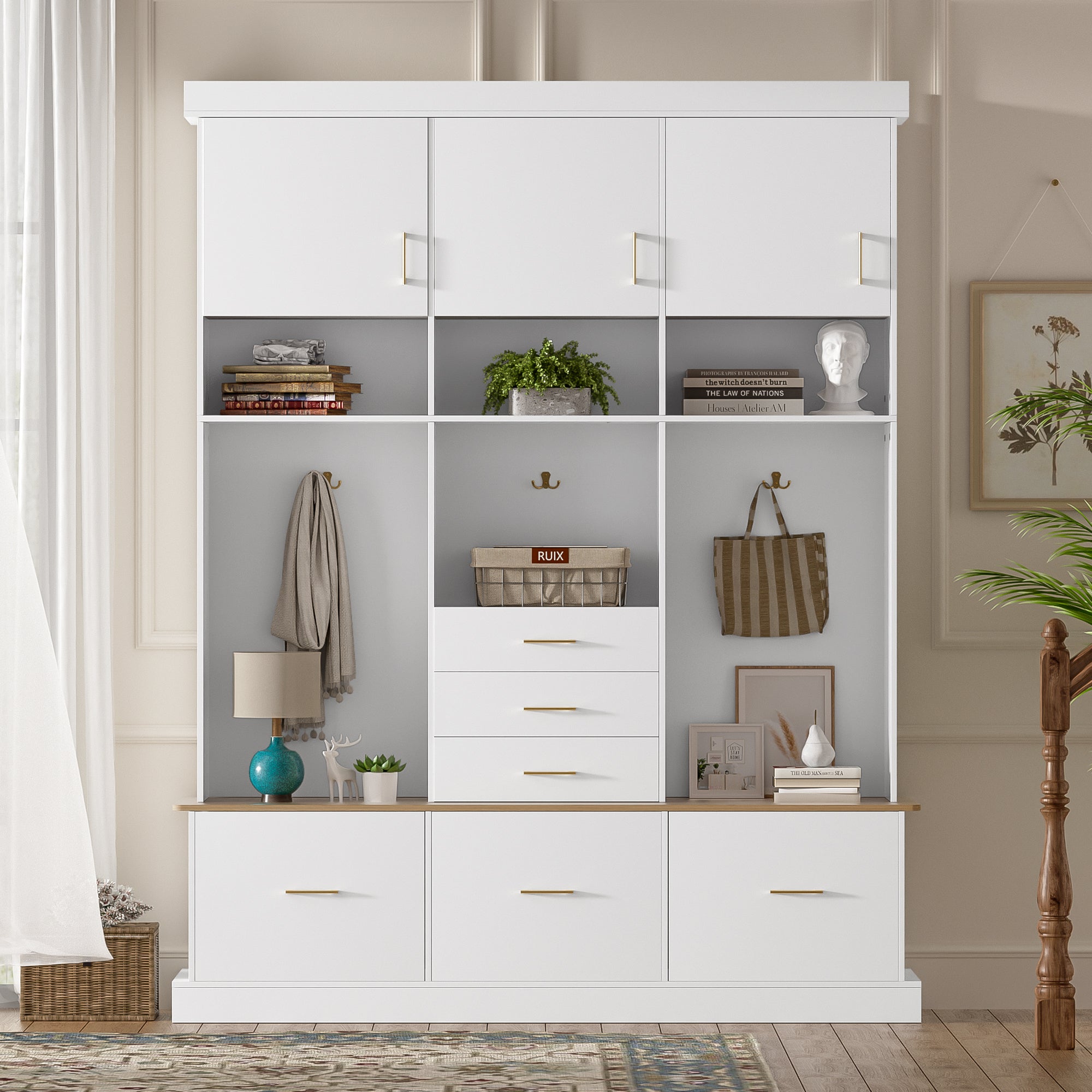 75'' H Entryway Hall Tree with Bench and Storage, 5-in-1 Modern Hall Tree with Coat Rack, 6 Drawers, 3 Cabinets and 3-Tier Top Storage for Hallway, Entryway, Living Room, Mudroom - Grand Goldman Shop