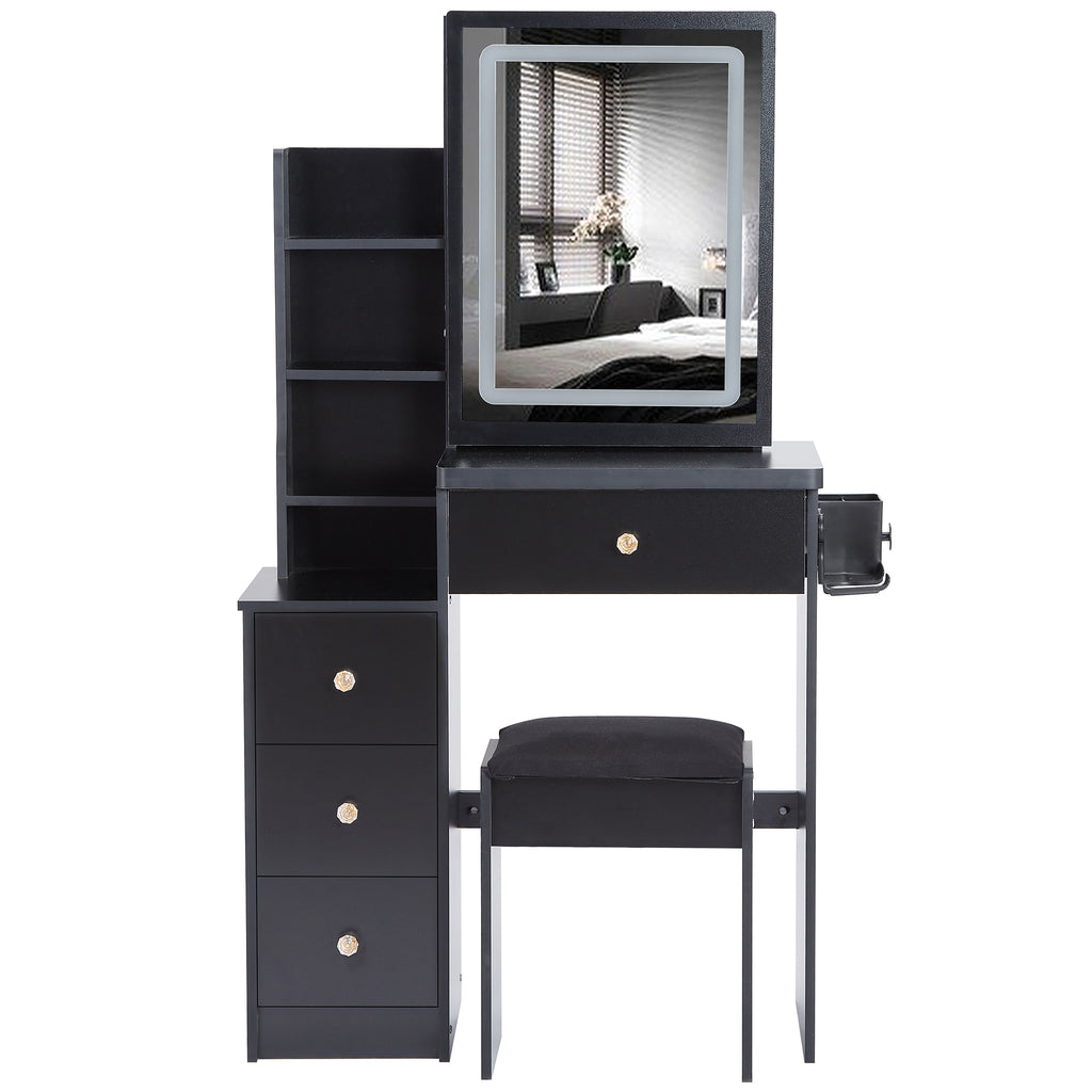 29.2' Small Size Bedside Cabinet Vanity Table + Cushioned Stool, 2 AC+2 USB Power Station, Hair dryer bracket, Extra Large Touch Control Sliding LED Mirror, 3-color Switching, EPA, GCC, UL Certificate - Grand Goldman Shop