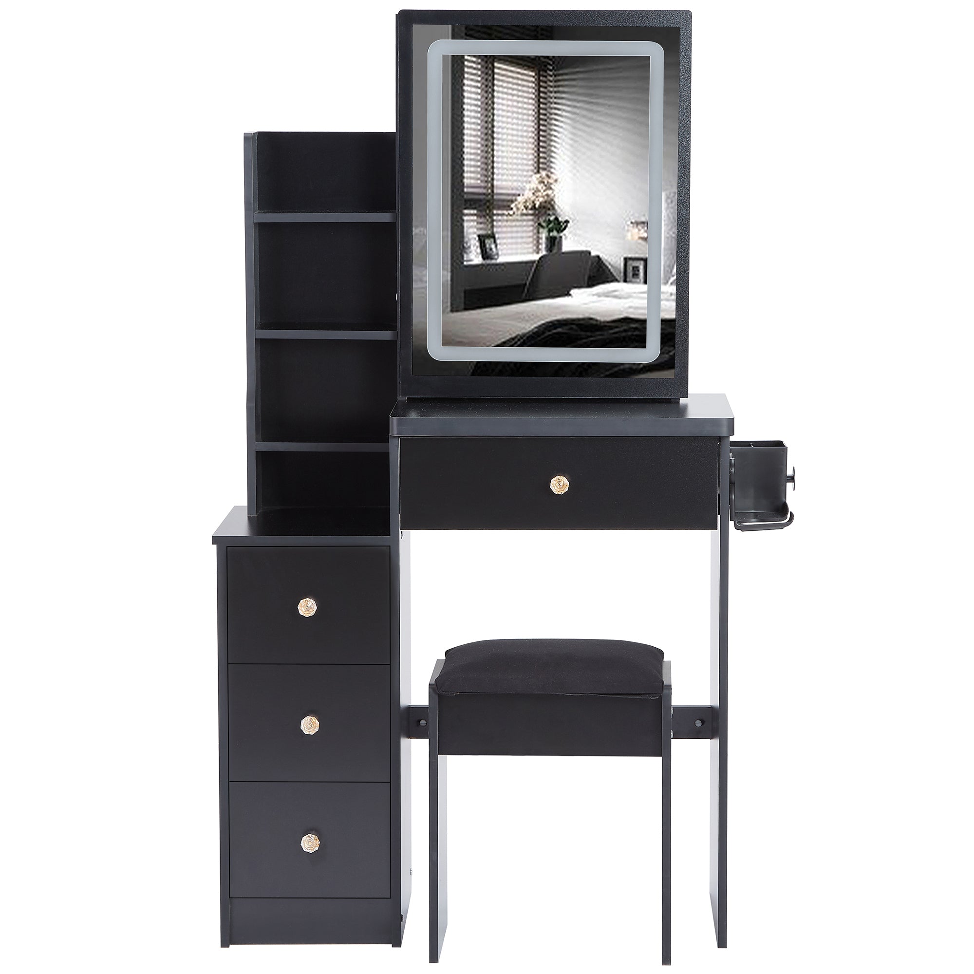 29.2' Small Size Bedside Cabinet Vanity Table + Cushioned Stool, 2 AC+2 USB Power Station, Hair dryer bracket, Extra Large Touch Control Sliding LED Mirror, 3-color Switching, EPA, GCC, UL Certificate - Grand Goldman Shop