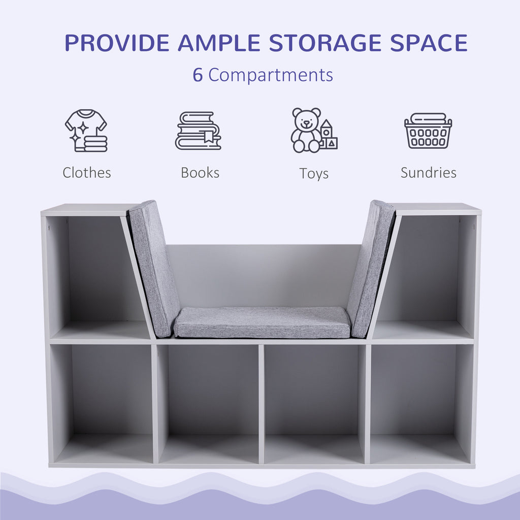 6-Cubby Kids Bookcase with Reading Nook and Cushion, Multi-Purpose Storage Organizer for Bedroom, Living Room, Grey - Grand G