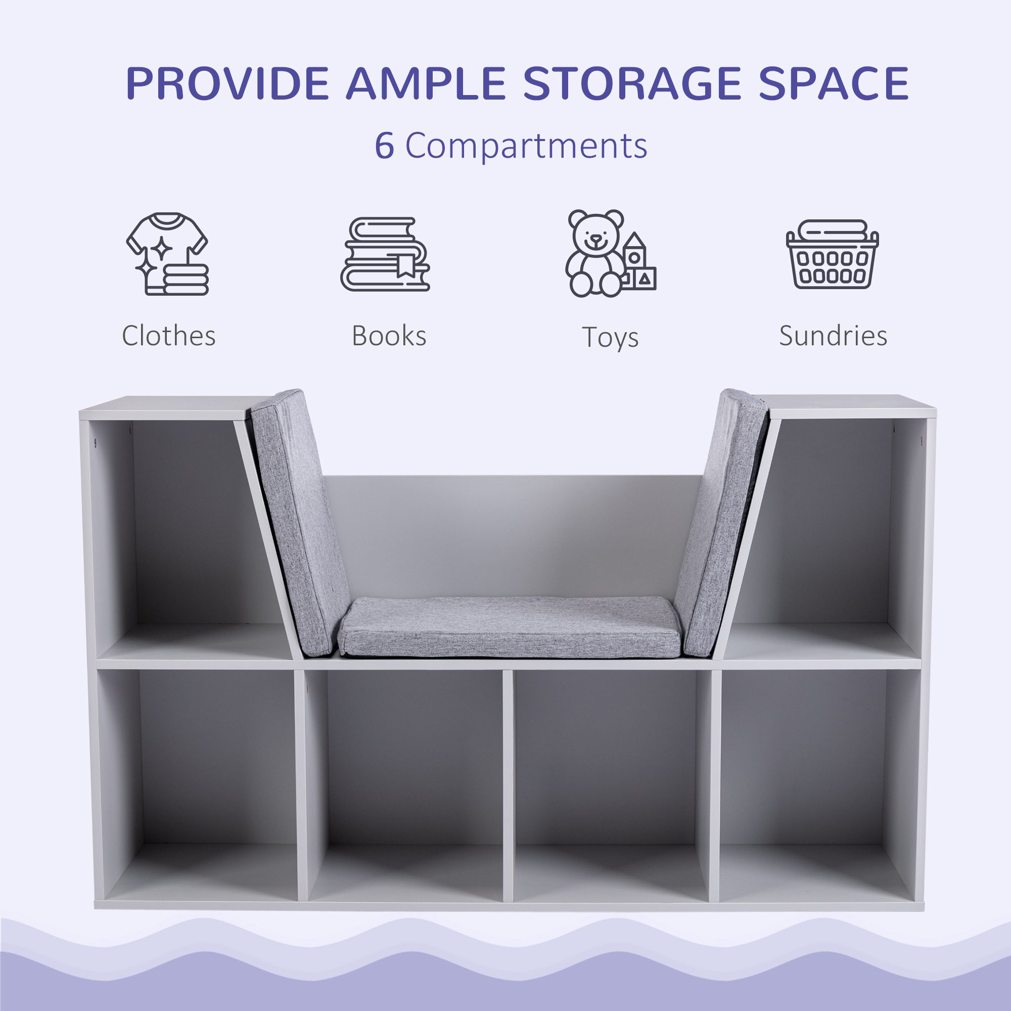 6-Cubby Kids Bookcase with Reading Nook and Cushion, Multi-Purpose Storage Organizer for Bedroom, Living Room, Grey - Grand G
