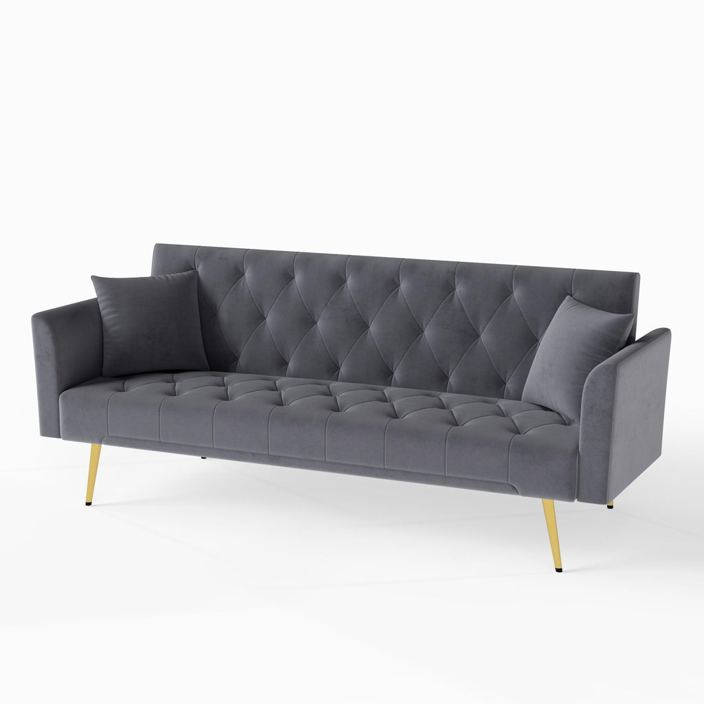 Modern convertible 72 inch foldable sleeper sofa with tufted, American retro style, made of gray velvet material, suitable for small living rooms, bedrooms and offices. gray color - Grand Goldman Shop
