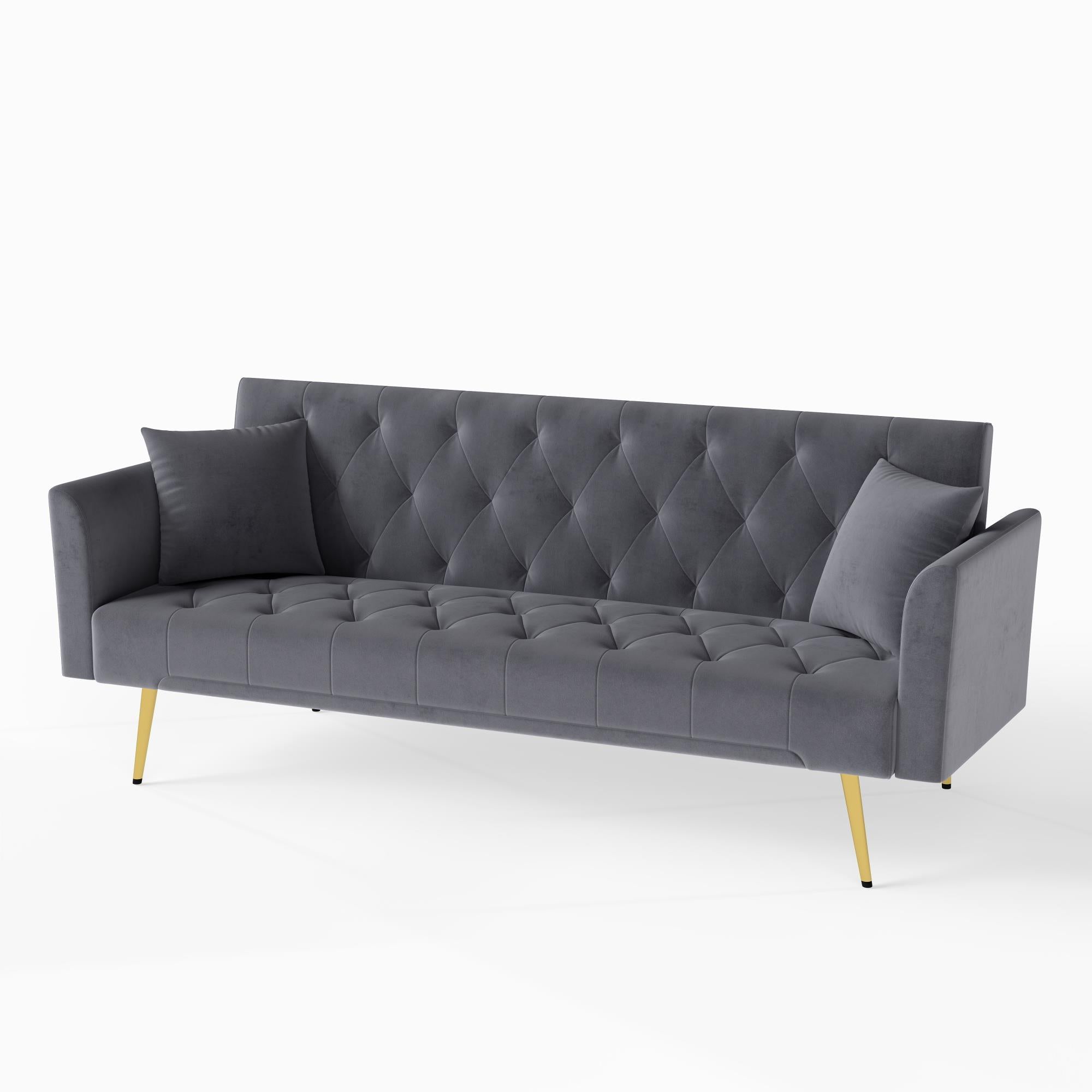 Modern convertible 72 inch foldable sleeper sofa with tufted, American retro style, made of gray velvet material, suitable for small living rooms, bedrooms and offices. gray color - Grand Goldman Shop