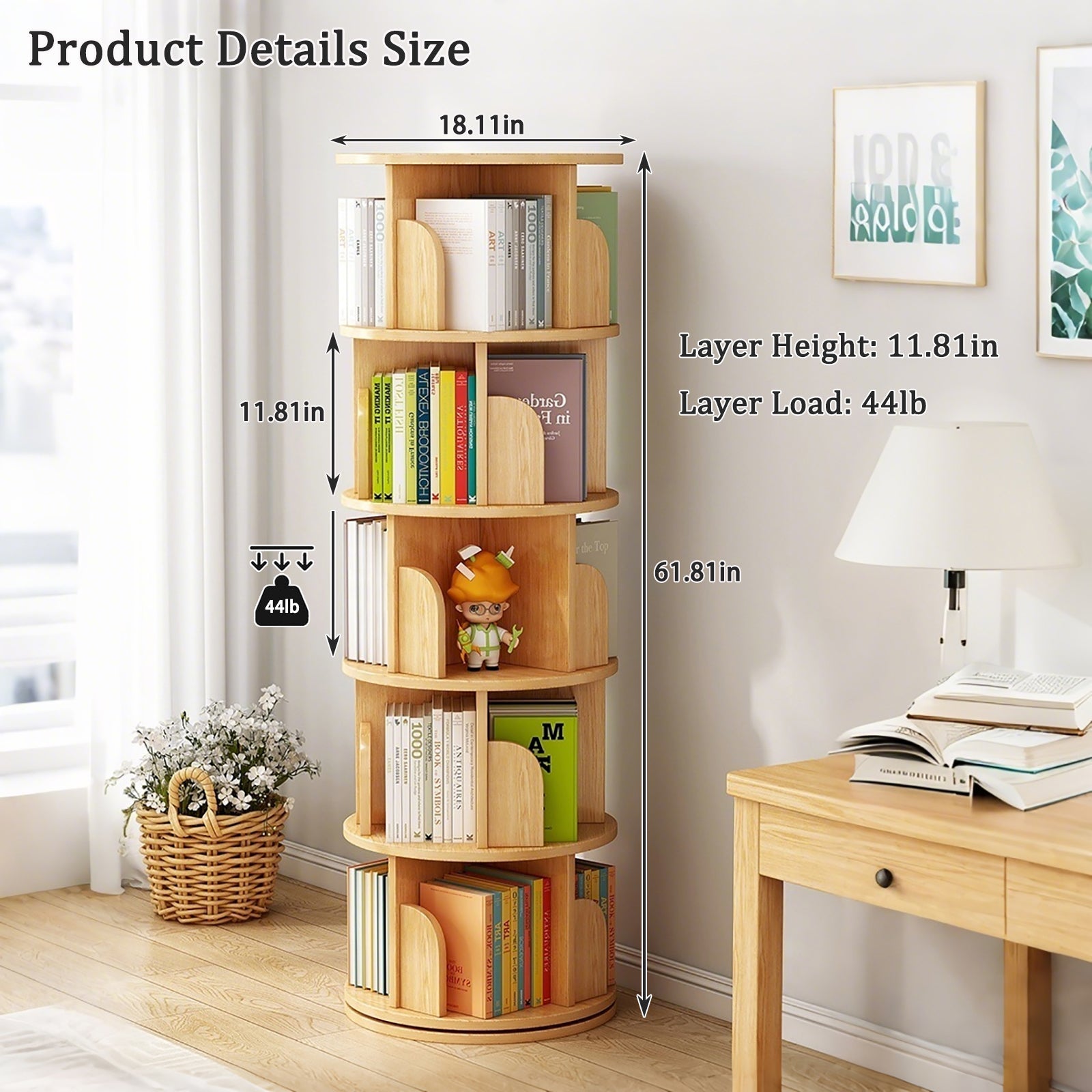 5 Tier Rotating Bookshelf, 360° Display Round Spinning Bookshelf, Space-Saving, Small Space Rotating Bookshelf Tower for Bedroom, Living Room, Home, Office, Wood Color - Grand Goldman Shop