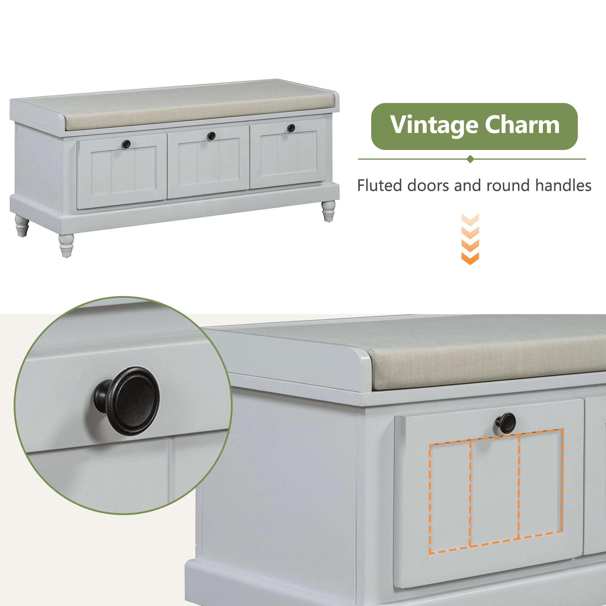 TREXM Classic Shoe Bench with Cushion and Three Drawers, Fluted Entryway Bench with Storage for Living Room, Entryway, and Hallways (Light Gray, OLD SKU: N715P207812E ) - Grand Goldman Shop