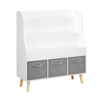 Kids Bookshelf with 3 Fabric Storage Bins, White Wooden Book Display Organizer for Toddlers and Children, Front-Facing Book R