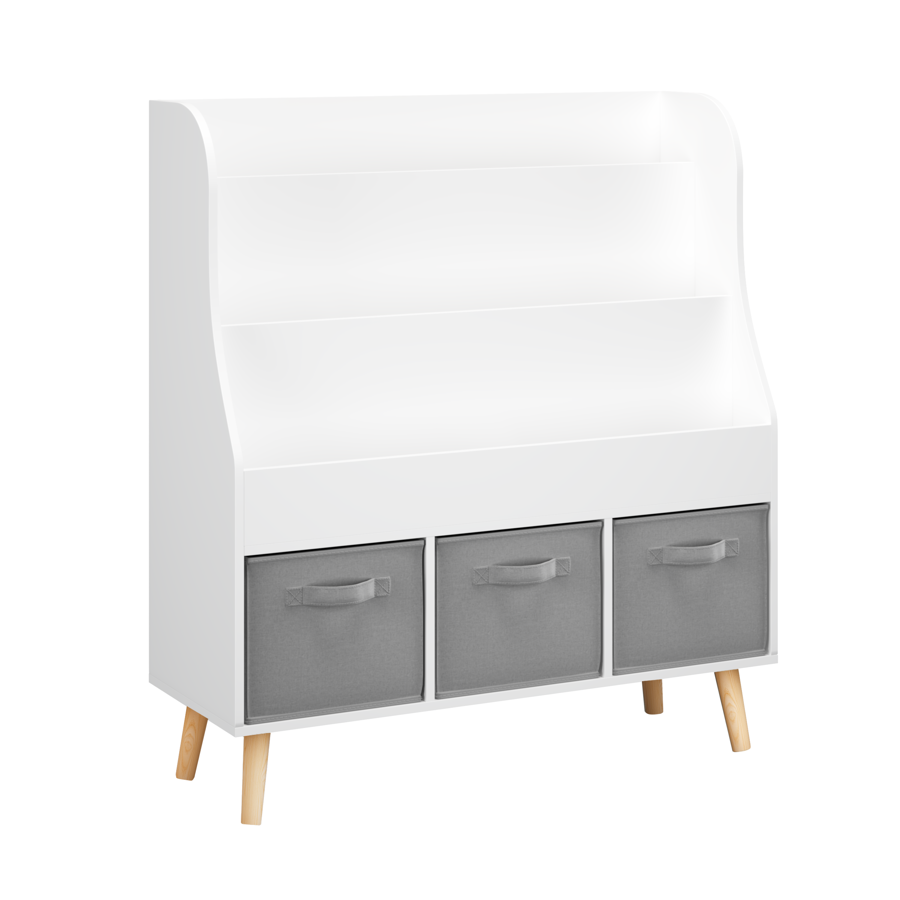 Kids Bookshelf with 3 Fabric Storage Bins, White Wooden Book Display Organizer for Toddlers and Children, Front-Facing Book R