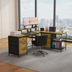 Industrial L-Shaped Computer Desk with Power Outlets & USB-C, Rustic Brown Metal Frame, 6 Fabric Drawers, 3 Open Shelves, Mov