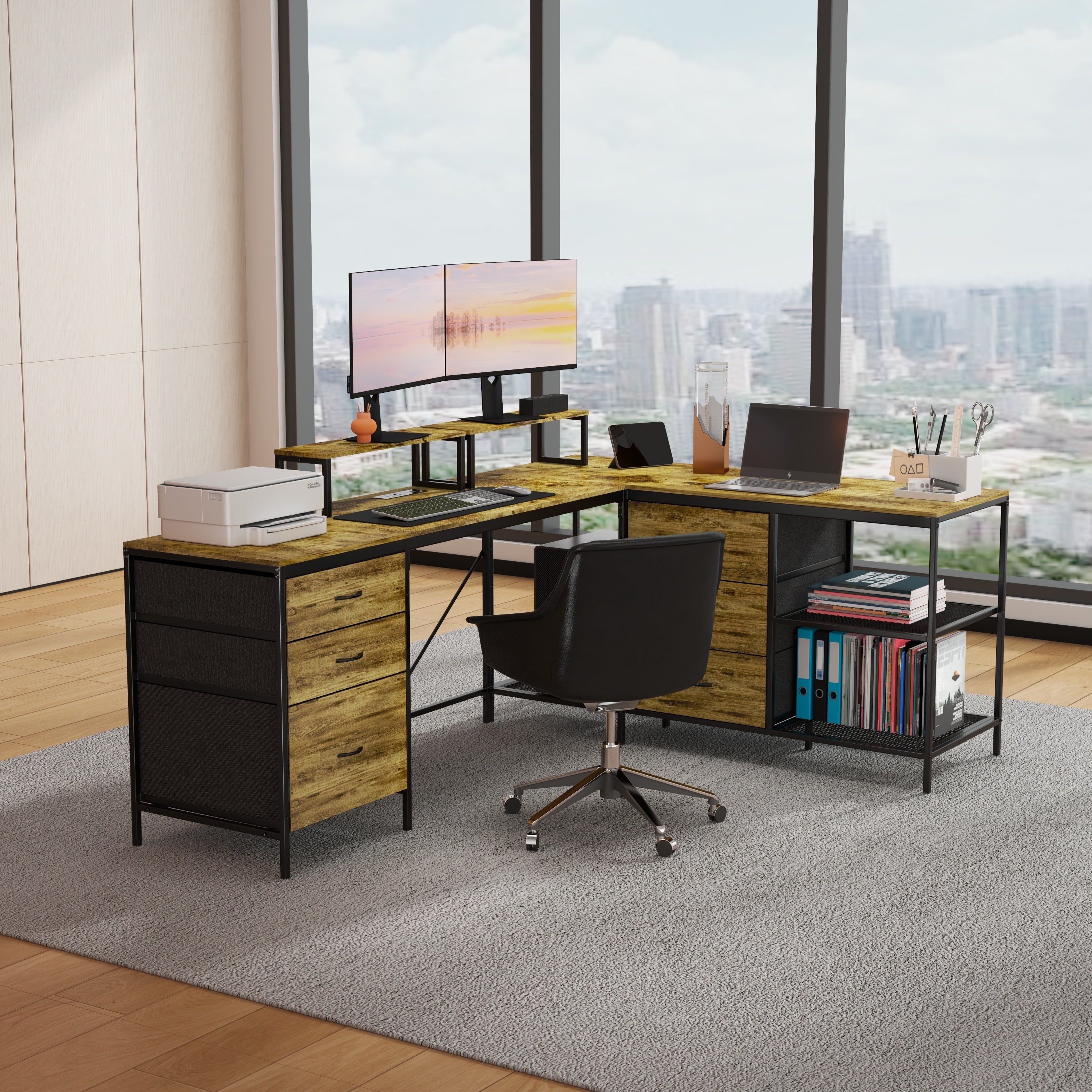 Industrial L-Shaped Computer Desk with Power Outlets & USB-C, Rustic Brown Metal Frame, 6 Fabric Drawers, 3 Open Shelves, Mov