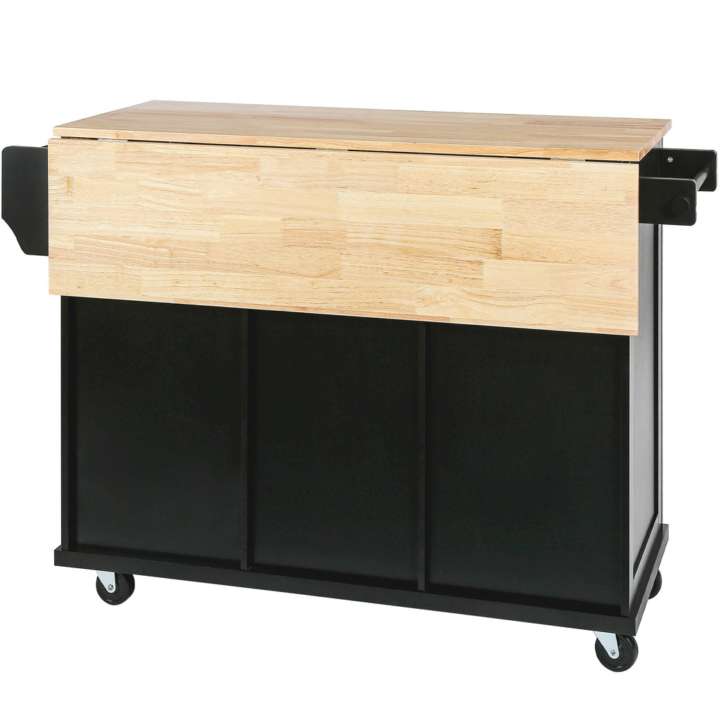 Kitchen Cart with Rubber wood Drop-Leaf Countertop ,Cabinet door internal storage racks,Kitchen Island on 5 Wheels with Storage Cabinet and 3 Drawers for Dinning Room, Black - Grand Goldman Shop