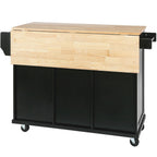 Kitchen Cart with Rubber wood Drop-Leaf Countertop ,Cabinet door internal storage racks,Kitchen Island on 5 Wheels with Storage Cabinet and 3 Drawers for Dinning Room, Black - Grand Goldman Shop