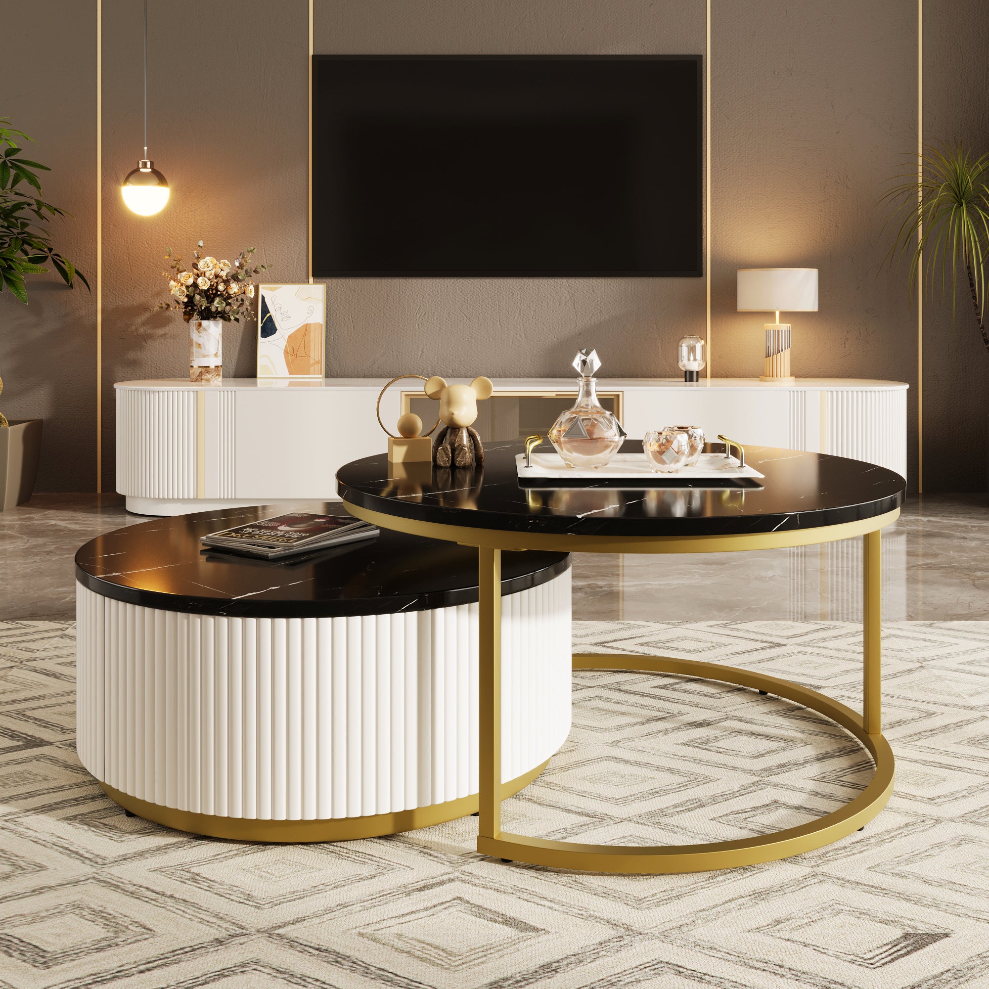 Modern Round Nesting Coffee Table Fluted with Drawer in Black & Gold in 31.5'' - Grand Goldman Shop