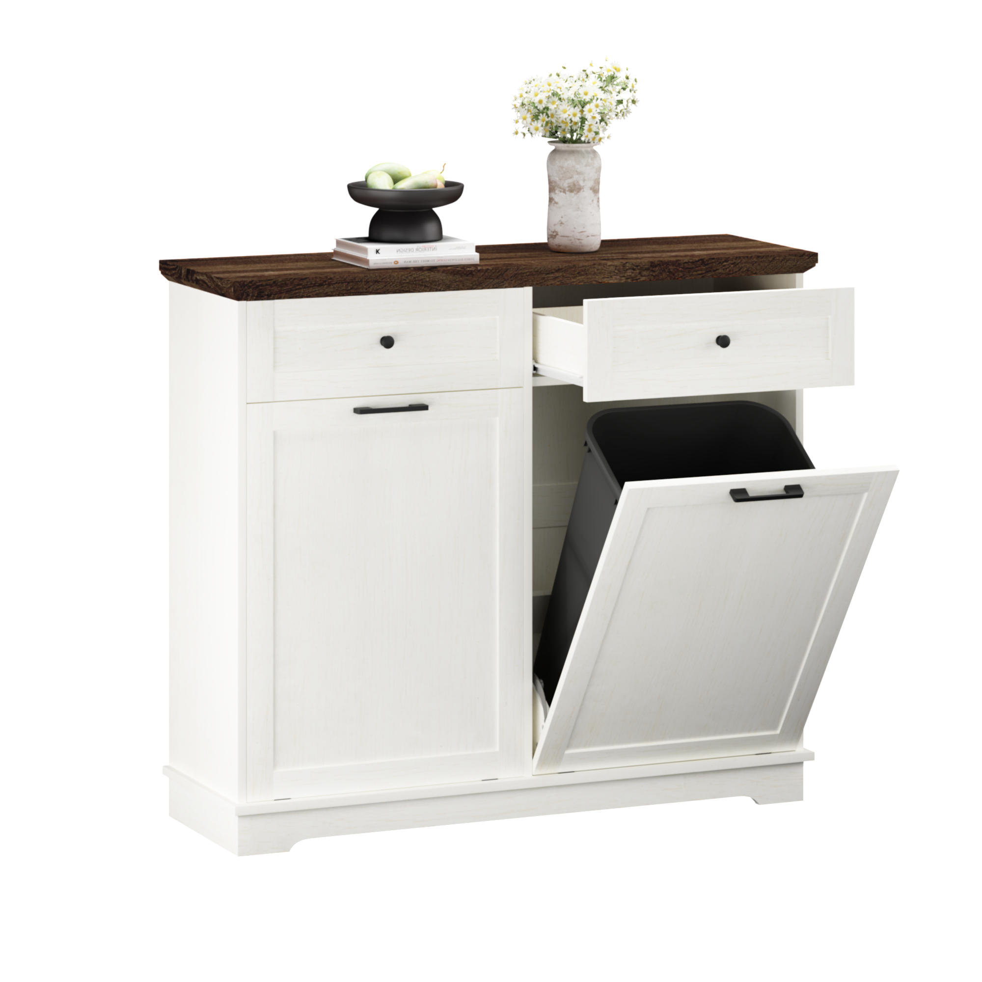 20 Gallon Tilt Out Trash Cabinet Freestanding Trash Bin Cabinet Wood Garbage Recycling Cabinet with Drawer Pet Proof Trash Can Holder for Kitchen Living Room, Antique White (Not include trash can) - Grand Goldman Shop