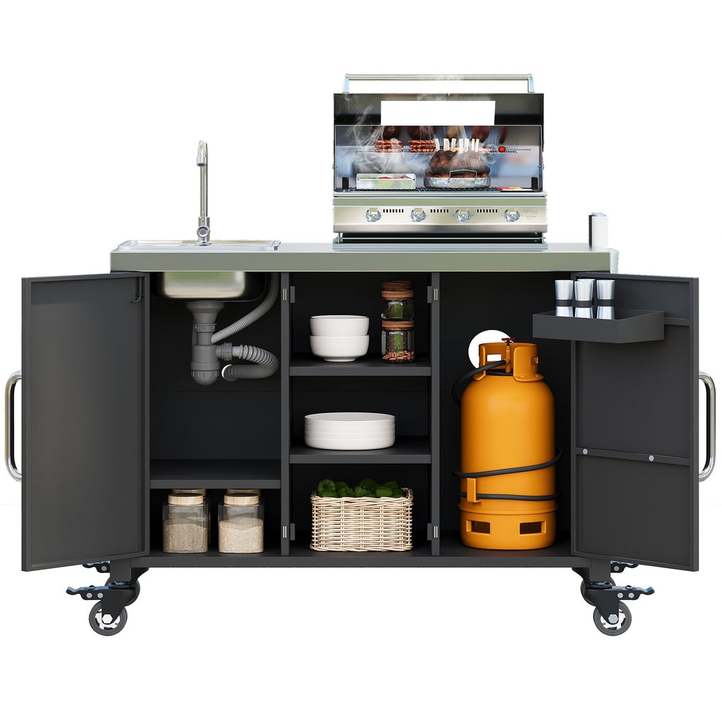 K&K 55.5' Outdoor Kitchen Island with Sink, Metal Grill Cart Table with 304 Stainless Steel Sink, Outdoor Bar Cart Sink Station with 4 Lockable Wheels for Pizza Prep & BBQ, L 55.5' x W 20' H 36.7' - Grand Goldman Shop