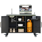 K&K 55.5' Outdoor Kitchen Island with Sink, Metal Grill Cart Table with 304 Stainless Steel Sink, Outdoor Bar Cart Sink Station with 4 Lockable Wheels for Pizza Prep & BBQ, L 55.5' x W 20' H 36.7' - Grand Goldman Shop