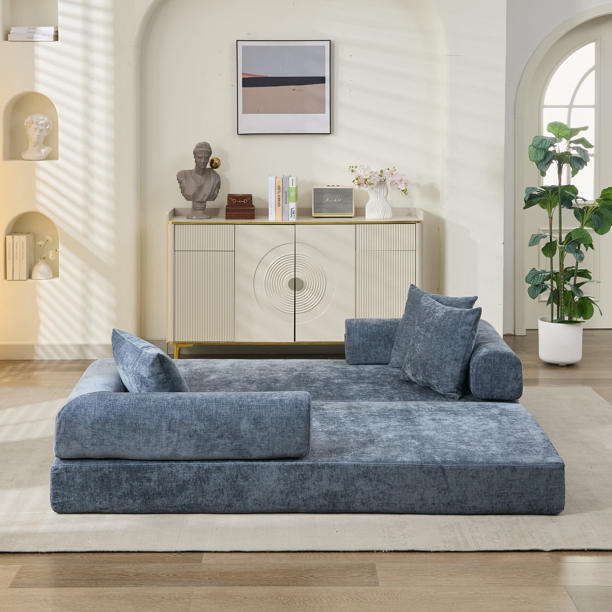 Comfy Convertible Folding Mattress Couch, Floor Sofa Bed, Chenille Floor Sofa with Armrest, Floor Sofa Lounge Couch for Living Room Bedroom Lounge Studio-Blue - Grand Goldman Shop