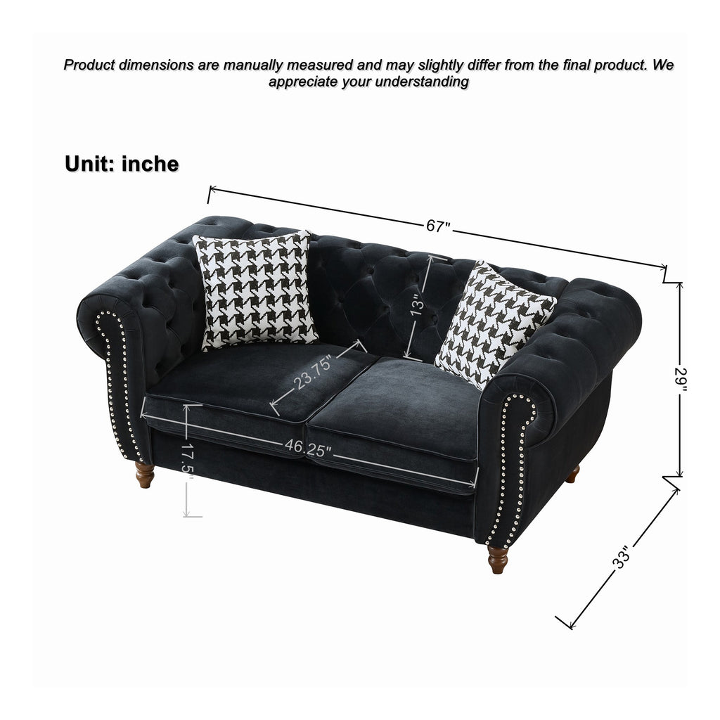Mid Century Modern Chesterfield Velvet Sofa with Roll Armrest & Nailhead, Black, 67-Inch - Grand Goldman Shop