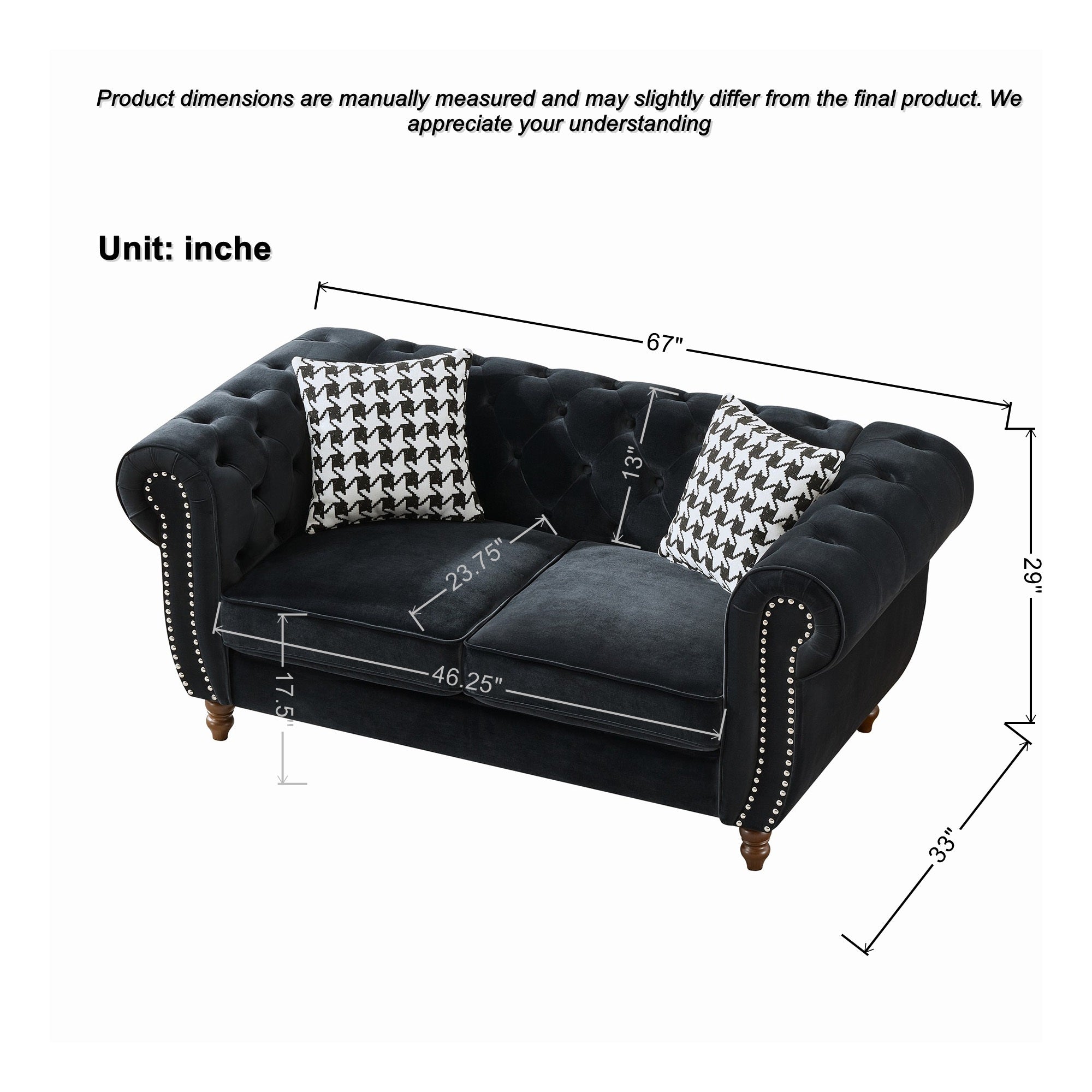 Mid Century Modern Chesterfield Velvet Sofa with Roll Armrest & Nailhead, Black, 67-Inch - Grand Goldman Shop