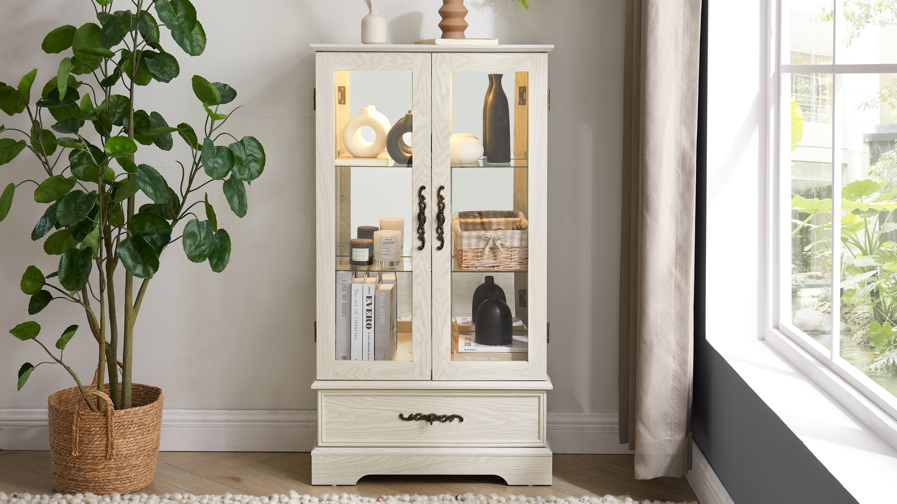 Glass Cabinet Lighted Glass Cabinet Curio Display Cabinet with Adjustable Glass Shelves 2 Doors and 1 drawer Cabinet Bulb Included White - Grand Goldman Shop