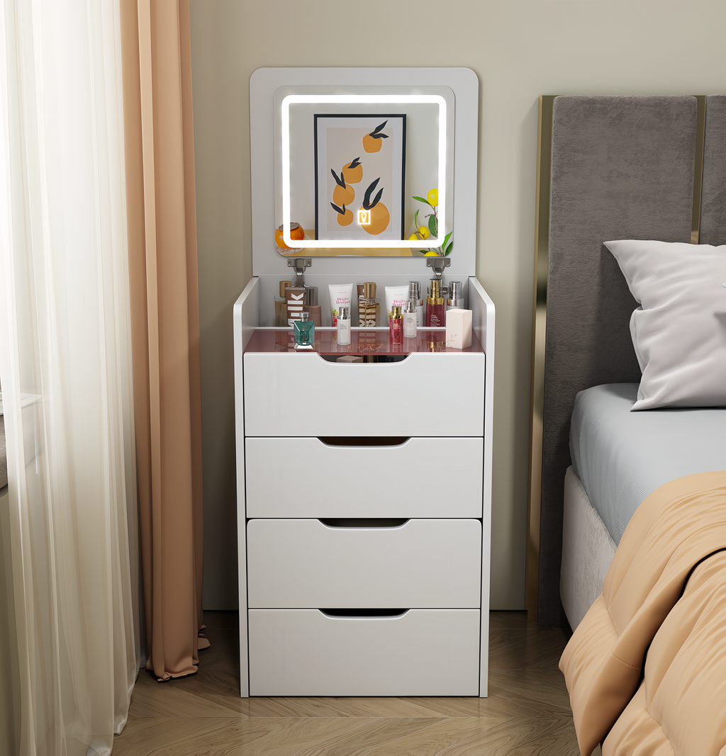 ( 48CM ) 3 in 1 Vanity Desk with Plip Top Mirror, Small Make Up Vanity Set with Visible Glass Desktop, Compact Makeup Vanity with 3 Drawers, Dressing Table for Bedroom ( WHITE COLOR ) - Grand Goldman Shop