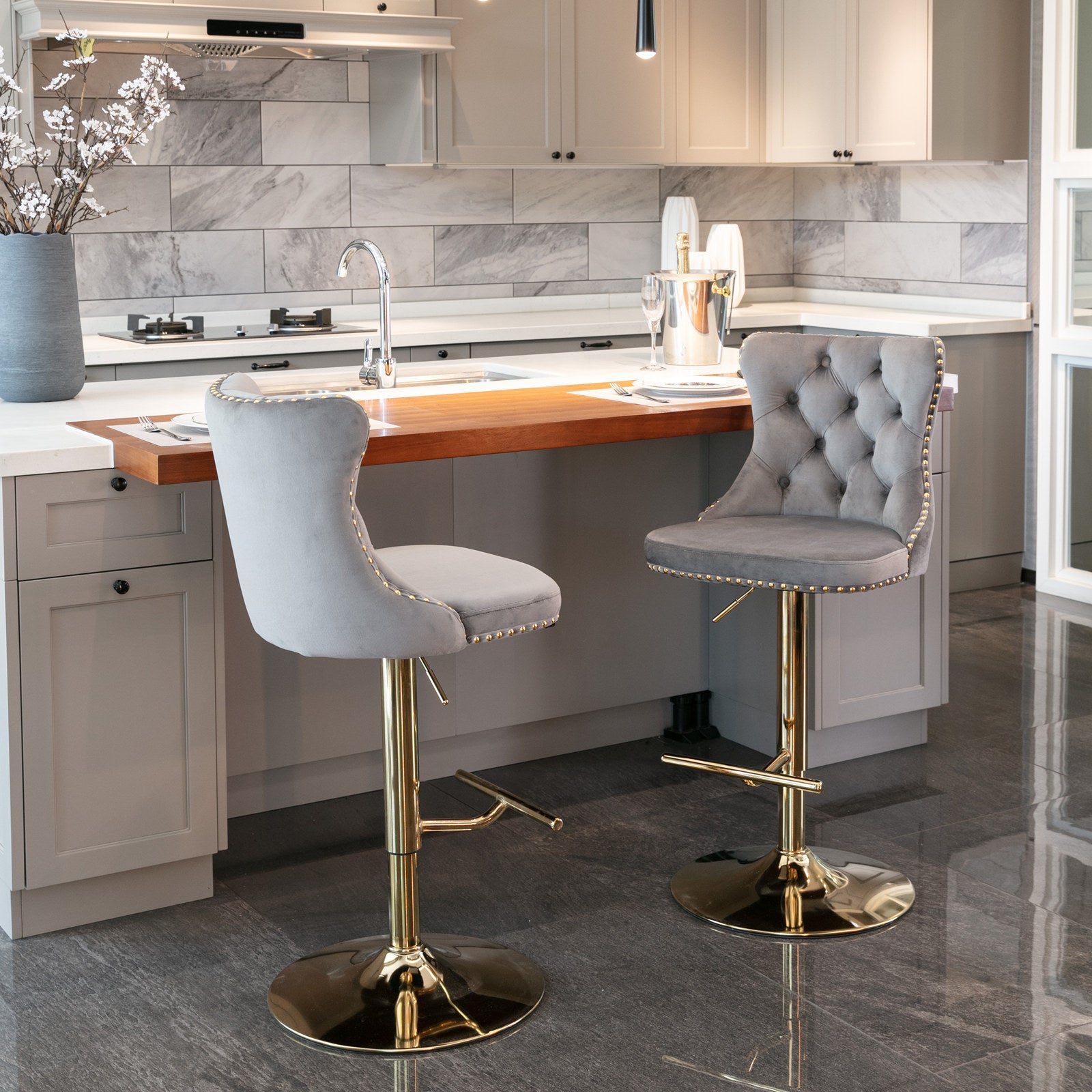 A&A Furniture,Golden Swivel Velvet Barstools Adjusatble Seat Height from 25-33 Inch, Modern Upholstered Bar Stools with Backs Comfortable Tufted for Home Pub and Kitchen Island（Gray,Set of 2） - Grand Goldman Shop