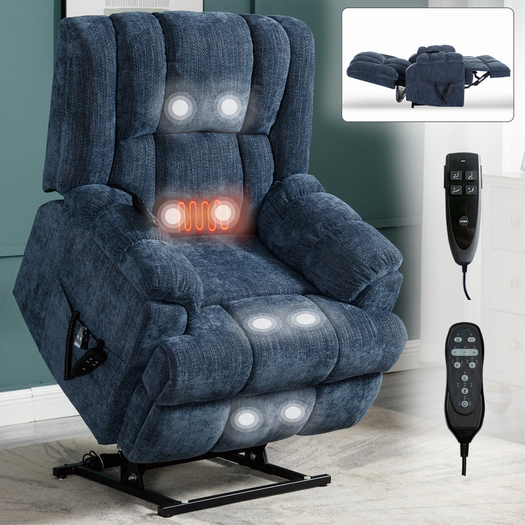 Dual Motor Heat Massage Infinite Position Up to 350 LBS Electric Power Lift Recliners with Power-Remote, Medium-firm and Heavy Duty, Blue - Grand Goldman Shop