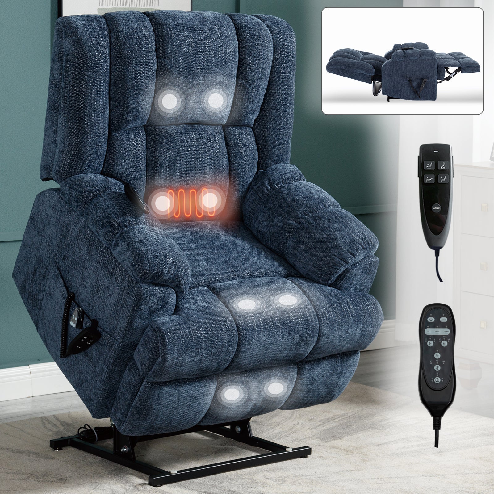 Dual Motor Heat Massage Infinite Position Up to 350 LBS Electric Power Lift Recliners with Power-Remote, Medium-firm and Heavy Duty, Blue - Grand Goldman Shop