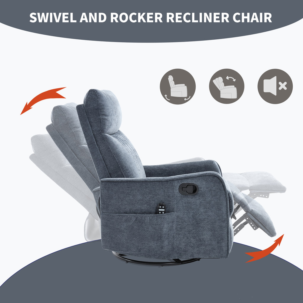 Blue Heat Massage Manual Recliner Chair with Rocker and Swivel in Fabric for Living Room - Grand Goldman Shop