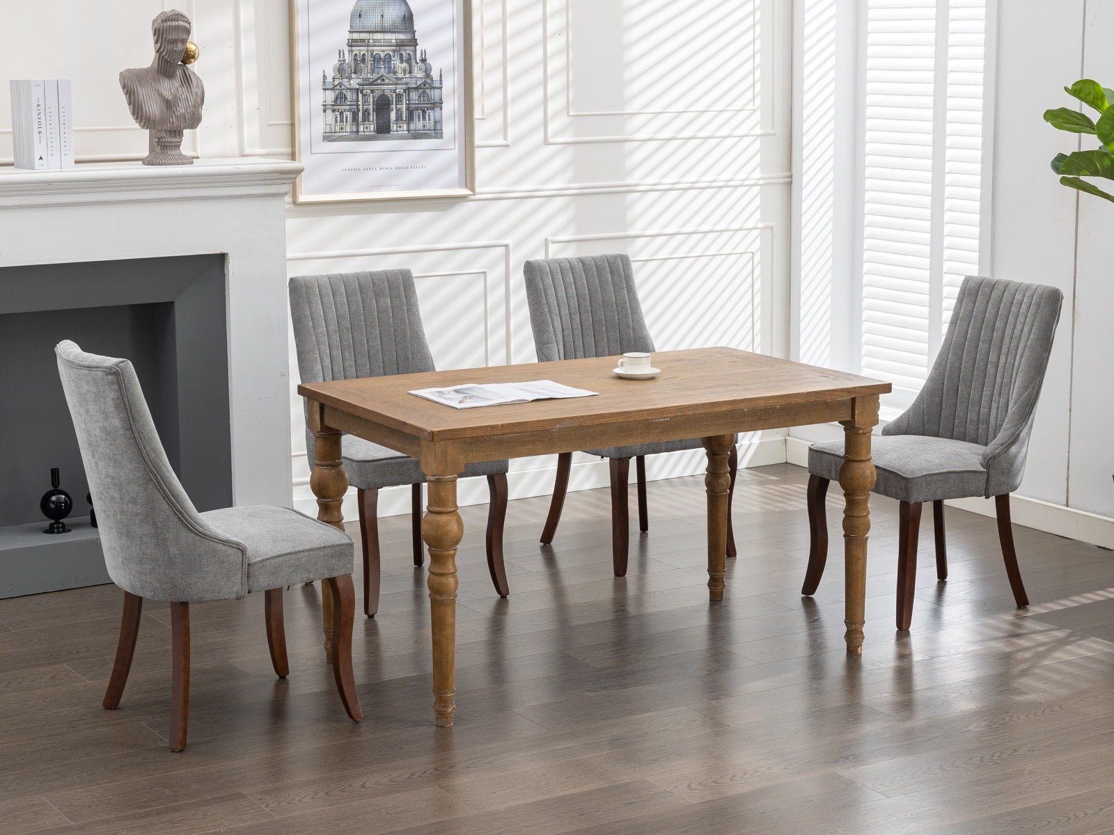 Rayon Cloth Flocking Linen Dining Chairs Channel Kitchen Dinner Chair Comfy Fabric Upholstered Accent Chair for Dining Room with Curved Solid Wood Legs,Set of 2 (Gray), SW1847GY - Grand Goldman Shop