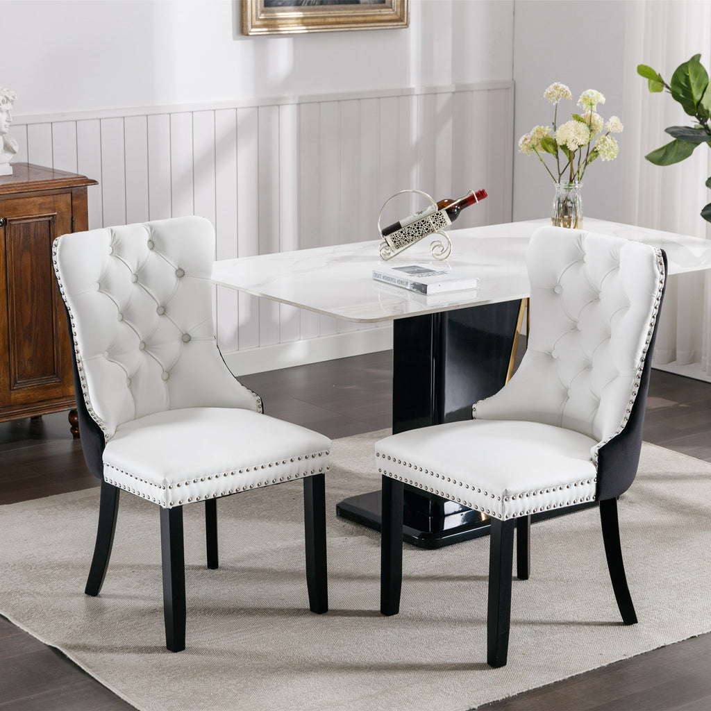 A&A Furniture,Nikki Collection Modern,High-end Tufted Solid Wood Contemporary PU and Velvet Upholstered Dining Chair with Wood Legs Nailhead Trim  2 Pcs Set,White+Black, SW2101WB - Grand Goldman Shop