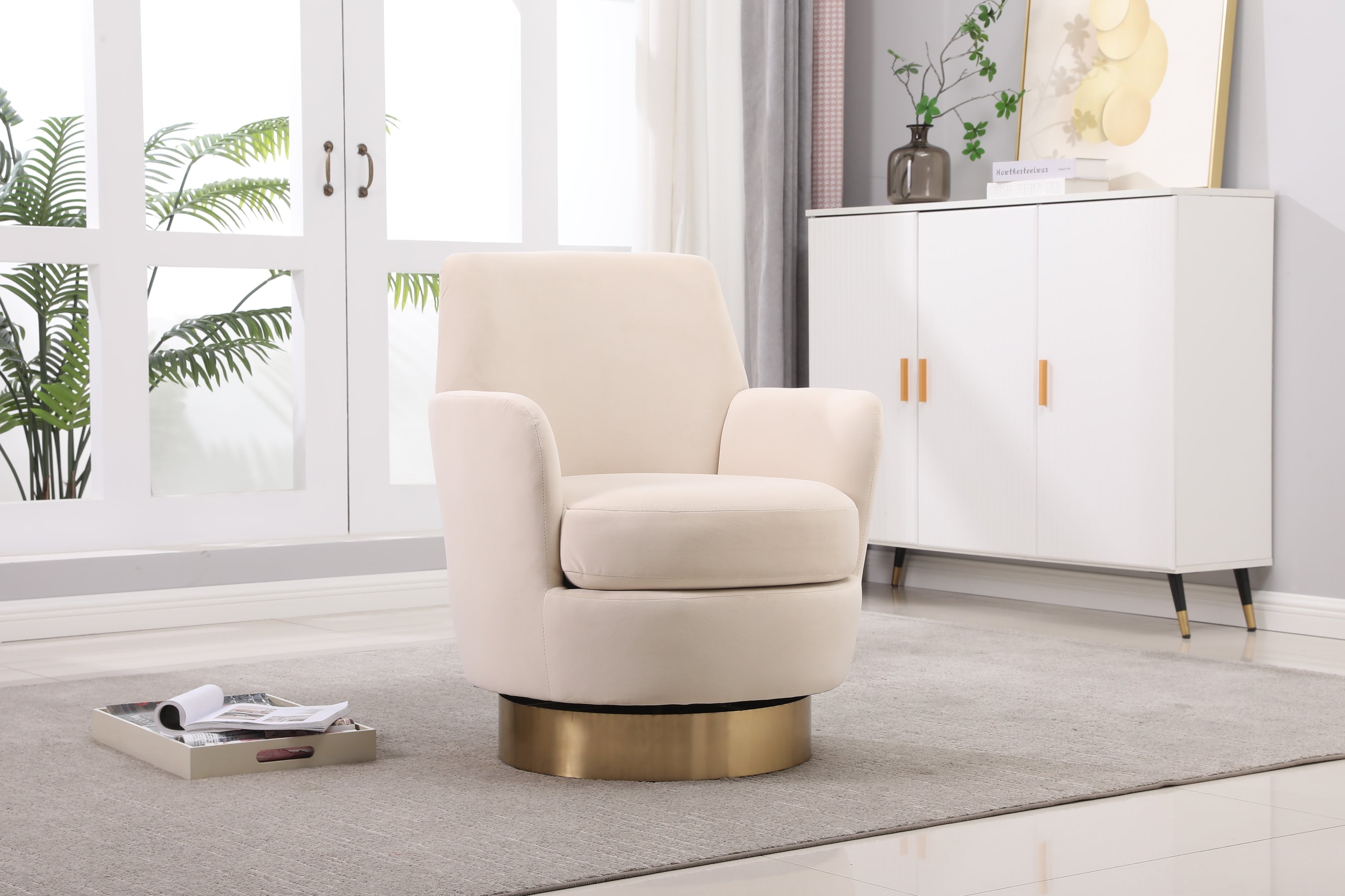 Velvet Swivel Barrel Chair, Swivel Accent Chairs Armchair for Living Room, Reading Chairs for Bedroom Comfy, Round Barrel Chairs with Gold Stainless Steel Base (Beige) - Grand Goldman Shop