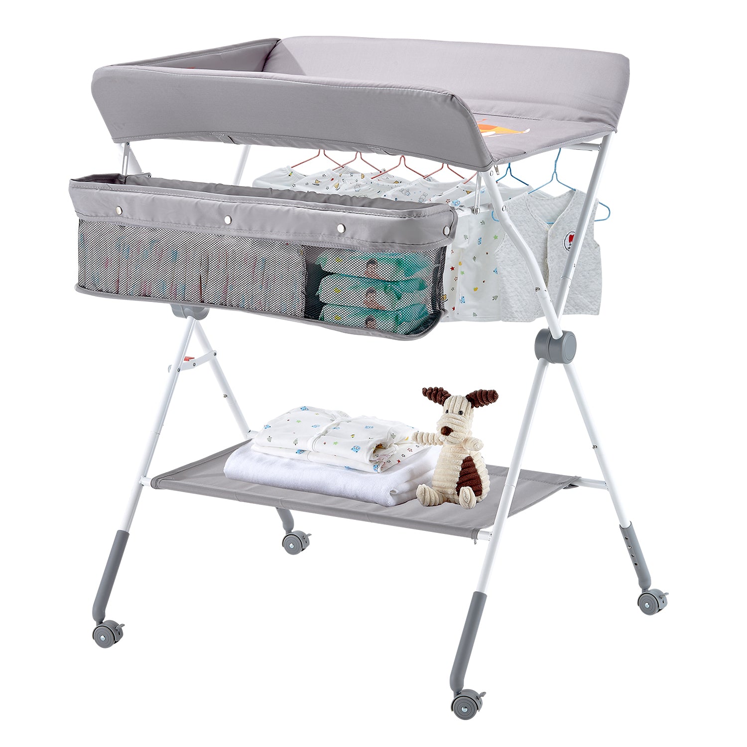 Foldable Baby Changing Diaper Station with Side Basket & Wheels Light Gray | Premium Home Decor - Grand Goldman