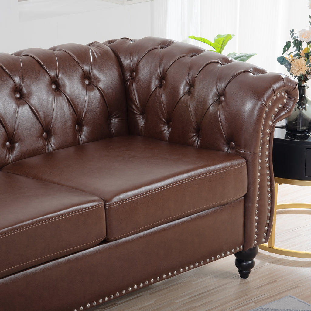 Dark Brown PU Rolled Arm Chesterfield Three Seater Sofa with Solid Wood Frame and Birch Legs - Grand Goldman Shop